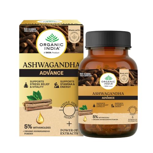 Organic India Ashwagandha Advance Capsules, 60 Veg Capsules, 5% Withanolides, With Organic Ashwagandha Root Powder, Stress Relief, Energy & Vitality Support