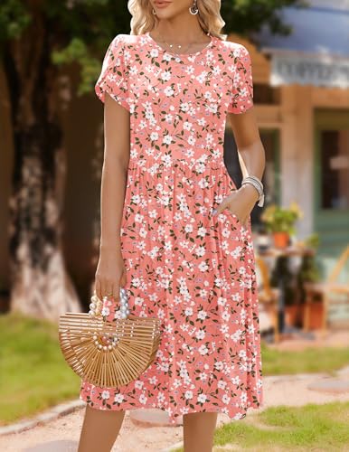 Image of HOTOUCH Women's Summer A-Line Midi Dresses 2026 Casual Floral Short Sleeve T-Shirt Dress Flowy Beach Sundress with Pockets