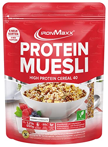 IronMaxx Protein Müsli - Cookies & Chocolate 550g Beutel | Veganes High Protein Müsli laktosefrei | Reduzierter Zuckergehalt & Low Carb