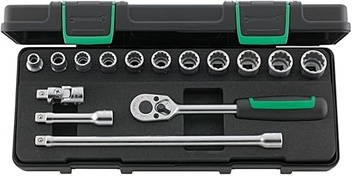 Stahlwille 96021109 - Juego de llaves de vaso bihexagonales de 3/8 pulgadas con trinquete, juego de 15 piezas (0.315 in-0.748 in), acero de aleación