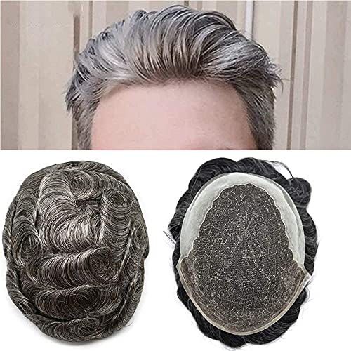 LYRICAL HAIR Transparent French Lace Toupee for Men Bleached Knots Lace Front Human Hair Replacement System Thin Skin PU Mens Toupee Gray Black Brown Ash Blonde Men Hair Piece Natural Hairline Wigs for Men (8"X10", #1B80 Off Black+80% Gray-100% Light