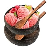 Coconut Bowls and Wooden Spoon Sets, 2 Set Ice Cream Bowls and Spoons Set, 3.74'-4.13' Dia. Natural Coconut Bowl, Reusable Ice Cream Bowls for Ice Cream, Dessert, Yogurt, Coconut Shells Bowls