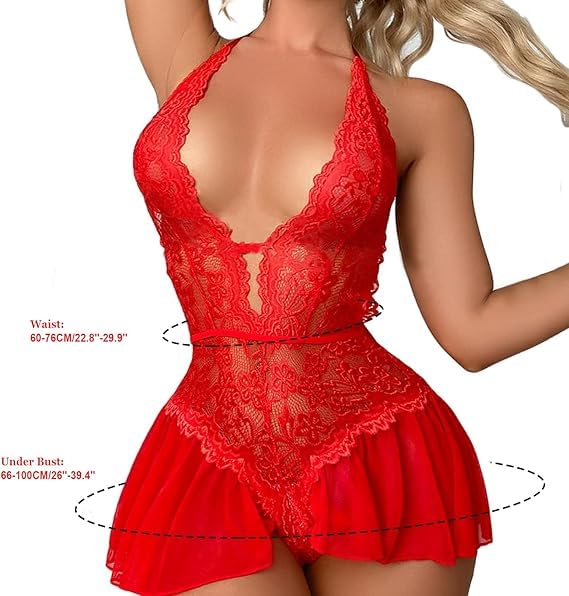 WBDWWTD Nuisette Sexy pour Femme en Dentelle Florale - Body Dos Nu en V Profond - Une pièce Dos Nu - Chemise de Nuit Creuse - Jupe en Maille - Patchwork - Chemise de Nuit pour Femme pour la