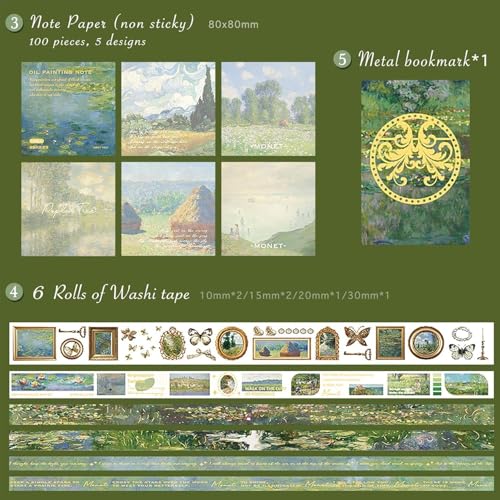 Image of 346Pcs Paper Vintage Aesthetic Scrapbook Kit Scrapbooking Supplies Kit With Bullet Junk Journal, Stationery, Washi Stickers A6 Grid Notebook Journaling Gift For Girl (Green Scrapbook)