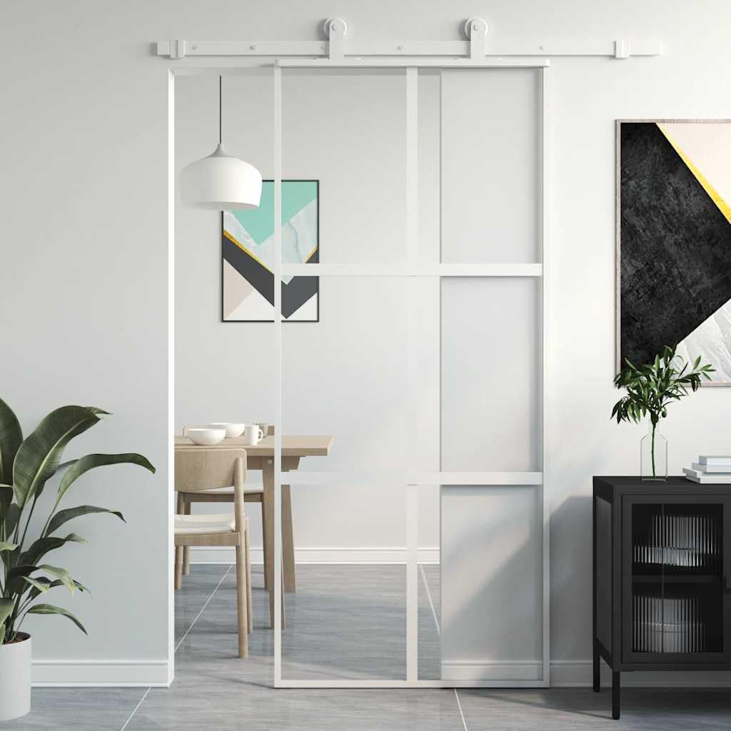 Drzwi przesuwne, białe, 90 x 205 cm, szkło hartowane, aluminiowe, skrzydło drzwi z przezroczystym szkłem i dekoracyjną linią do wnętrz, trwała rama, cicha praca, idealne do korytarza, nowego