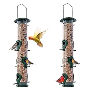 Set of 2 Metal Tube Bird Feeders for Outside – 6 Port, 16 Inches – Tube Wild Bird Feeder, Chew-Proof and Rust-Proof – Great for Mom