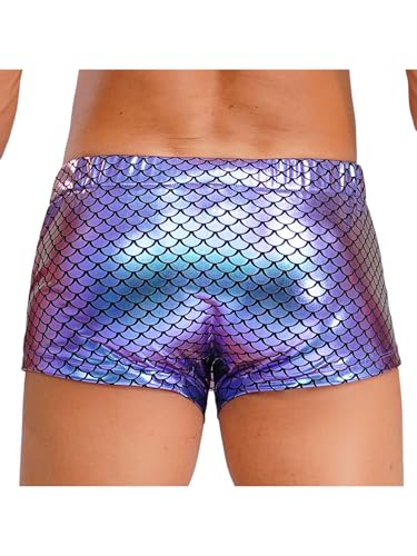 Hedmy Men's Fish Scale Bulge Pouch Booty Shorts Swim Trunks Metallic Shiny Boxer Shorts Swimsuit2