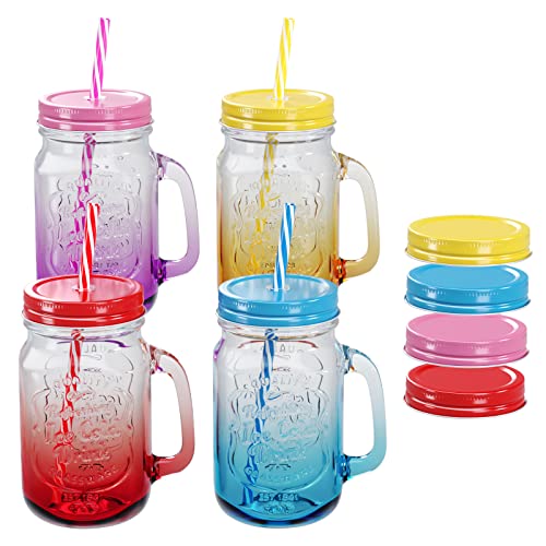 WELLGRO Trinkgläser Set bunt Farbverlauf mit Deckel und Trinkhalm 500ml inkl. Ersatzdeckeln Mehrweg Cocktail Gläser Glasbecher, Stückzahl:4 Stück