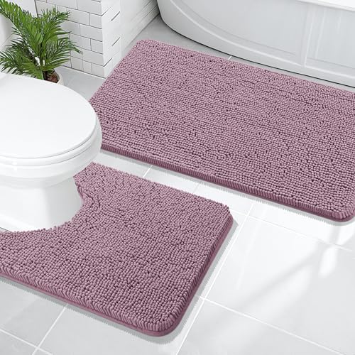 Image of OLANLY Bathroom Rugs Sets 2 Piece, Soft Absorbent Chenille Bath Mats and U-Shaped Contour Toilet Mat Area Rug Set, Machine Washable Bath Carpet, Home Decor Accessories(47 inchx20 inch+24 inchx20 inch, Deep Plum)