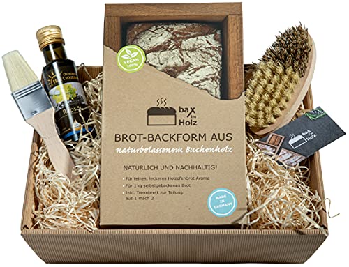 bax im Holz Geschenk Set zum Brotbacken mit Backform, Pinsel, Bürste und...