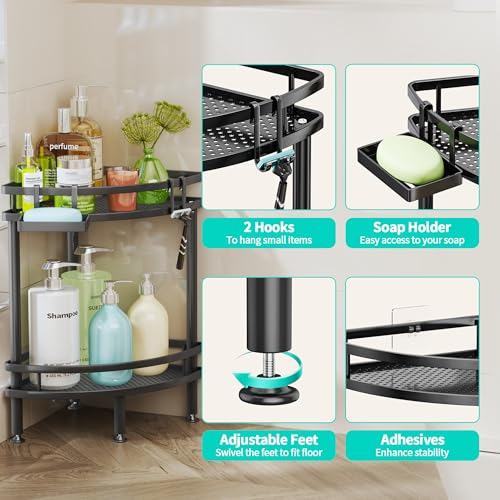Image of HapiRm Standing Corner Shower Caddy - 2 Tier Shower Organizer Corner with Soap Holder and 2 Hooks, Rustproof Bathroom Storage Shelves with Adhesives, Black