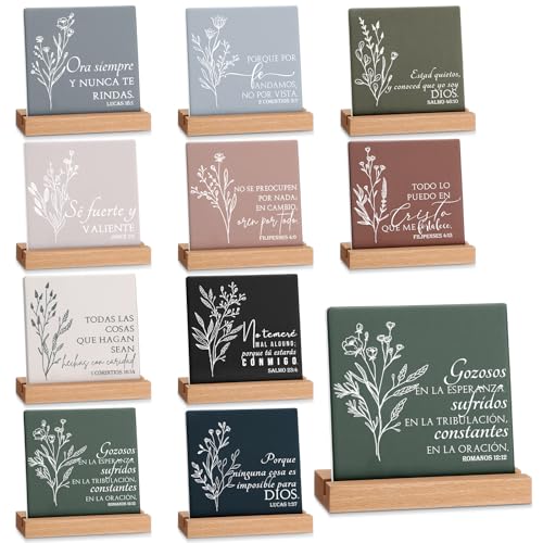 Roowest 10 Pcs Christian Desk Decor Inspirational Bible Verse Ceramic Sign Table Plaque Desk Decor with Wooden Stand Regalos Cristianos Para Mujer for Women Men Church Gifts(Spanish)