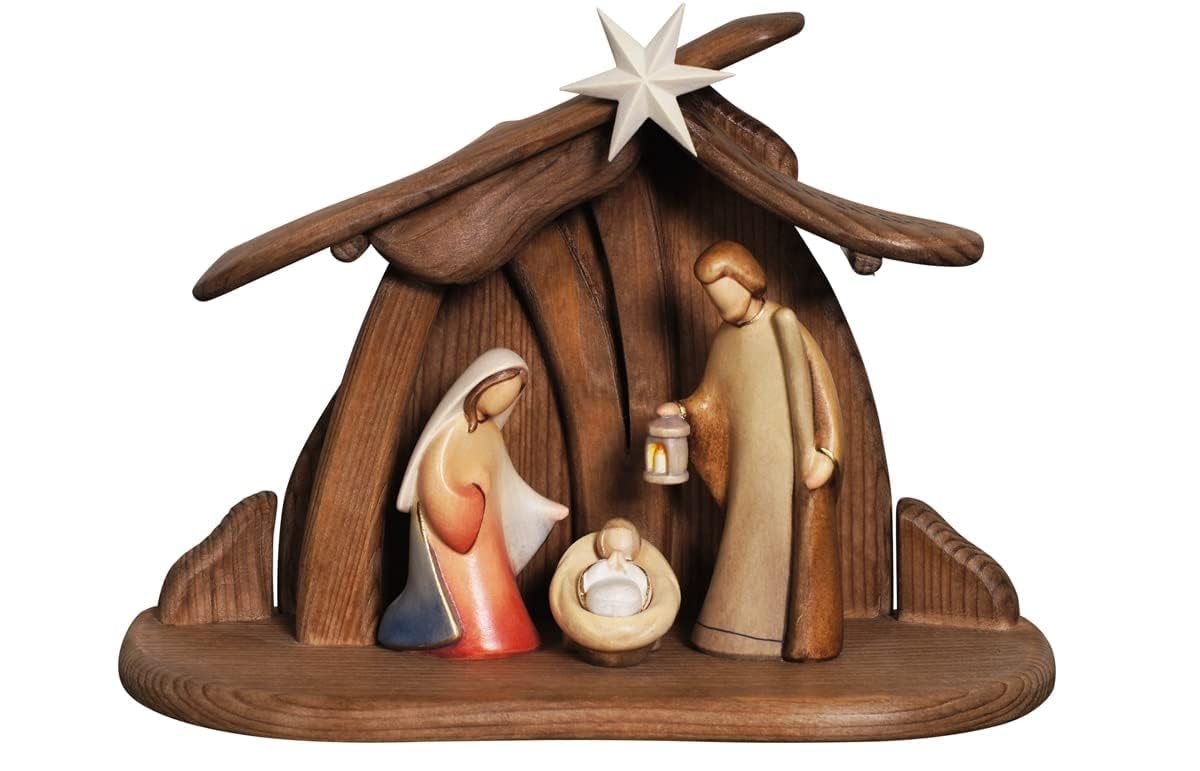 Generico Set Natività in Legno, Presepe Completo in Legno con capanna dallo Stile Moderno Creato in Val Gardena Statue in Legno colorato (8.5 cm)
