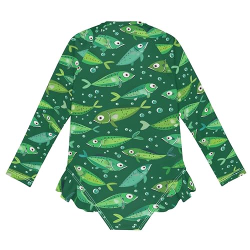 CaTaKu Girls One Piece Swimsuit Green Fishes Toddler Bathing Suit Long Sleeve UPF 50+ Rash Guard Swimwear 3-12Y2
