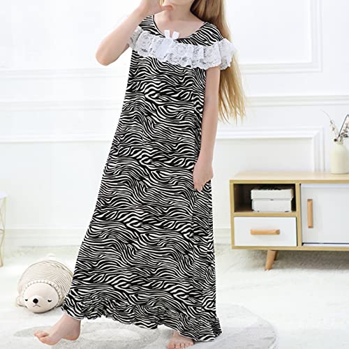 Girls Striped Maxi Dress N𝐢ghtgowns Short Sleeve Crew Neck Lace Long 𝗟ounge Dresses Sl𝐞epwear Kids Sl𝐞epers Gowns2