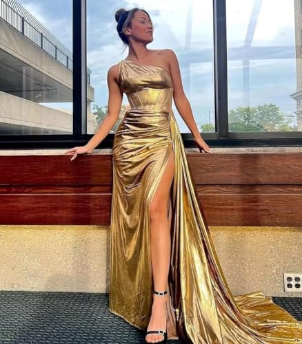 Metallic Satin Mermaid Prom Dresses Sparkly One Shoulder Bridesmaid Dress Corset Formal Evening Party Gowns with Slit2
