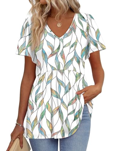 Image of OFEEFAN Womens Summer Tops Babydoll Short Sleeve Shirts Puff Sleeve Peplum Tops V Neck T Shirts