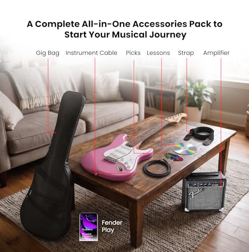 Image of Fender Squier Stratocaster - Flash Pink Bundle with Frontman 10G Amplifier, Gig Bag, Instrument Cable, Strap, Picks, and Austin Bazaar Instructional DVD