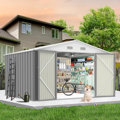 10x12 Ft Outdoor Storage Shed, Large Steel Utility Tool Shed, Garden Patio Lawn Poolside Metal Shed Outdoor Storage with Sloped Roof & Locking Door Designed to Organize Tools in Yard, Gray