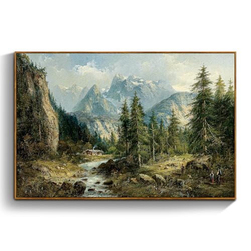 crmotu Vintage Framed Wall Art, Mountain River Landscape Canvas Painting, Pine Tree Forest Art Prints, Rustic Farmhouse Home Decorations, Pictures Wall Decor Living Room Bedroom Cottage 20x30in