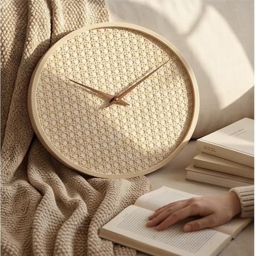 Image of The Artment your artistic apartment Beige CaneHalo Clock Natural Cane Weave Wall Clock, Silent Quartz Movement, Wooden Frame Minimalist Round Clock for Living Room, Bedroom, Office Decor