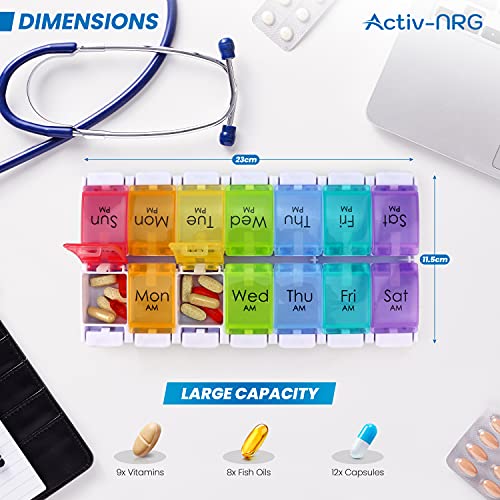 Activ-NRG Pillendoos, grote vakken, veermechanisme, voor tabletten, vitaminen, medicijnen en levertraan - Afbeelding 3