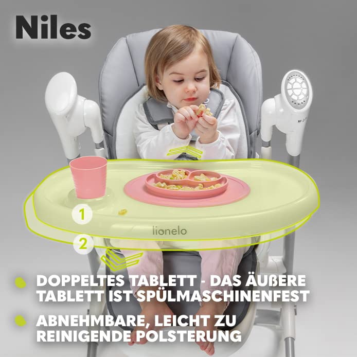 LIONELO Niles 2in1 Hochstuhl, Wippe für Kinder, verstellbare Rückenlehne, Tablett, Hochstuhl von 6 bis 36 Monaten bis 15 kg, Wippe bis 9 kg Grau