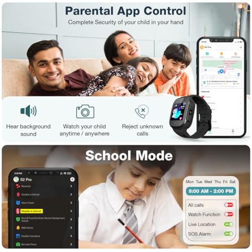 sekyo S2 Pro Calling Smart Watch for Kids | Kids SmartWatch for Boys & Girls | Location Tracking, Camera, SOS, Safe Zone | 4G/5G Sim Card Support | App Control | TXT/Voice SMS | Long Battery -Black sekyo S2 Pro Calling Smart Watch for Kids | Kids SmartWatch for Boys & Girls | Location Tracking, Camera, SOS, Safe Zone | 4G/5G Sim Card Support | App Control | TXT/Voice SMS | Long Battery -Black