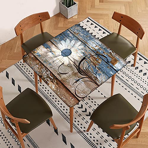 Fitted Square Tablecloth, Old Wood Grain Chrysanthemum Polyester Decor Tablecloths, Fits 30X30 Inch Table, Elastic Edge Oil & Dust-Proof Table Cover, For Living Room & Terrace Washable Table Clothes #TOP1