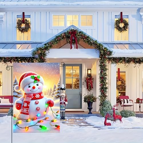 Image of BlissYard Christmas Snowman Garden Flag 12x18 Inch Polyester | Double sided polyester, Christmas snowman colorful lights design, cozy winter home decor for holiday porch and yard