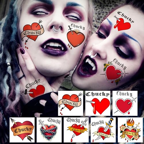 Image of 16 PCS Chucky Heart Tattoos Bride Of Chucky Halloween Temporary Tattoo Sticker, Realistic Fake Bleeding Impaled Heart Chucky Tattoos Halloween Costume Cosplay Party Favor Supplies Rave Accessories