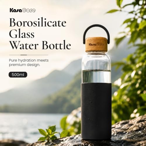 Image of Borosilicate Glass Water Bottle 500 ml | Leakproof Bamboo Lid & Silicone Sleeve | BPA Free Reusable Drinking Bottle for Office, Gym, Travel & Daily Use (Black)