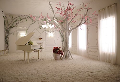 Laeacco Inerior White Piano Room Backdrop 10x6.5ft Artistic Tree Flowers Chic Window Curtain Wedding Photography Background Abstract Art Bridal Shower Wedding Party Decoration Photo Studio Video Props