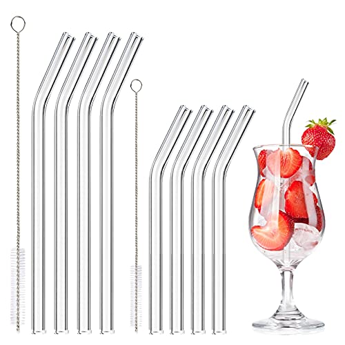 Pajitas de Cristal Reutilizables - 8 Curvadas (4 de 20 cm + 4 de 15 cm) - Transparentes para Cócteles, Batidos y Zumos