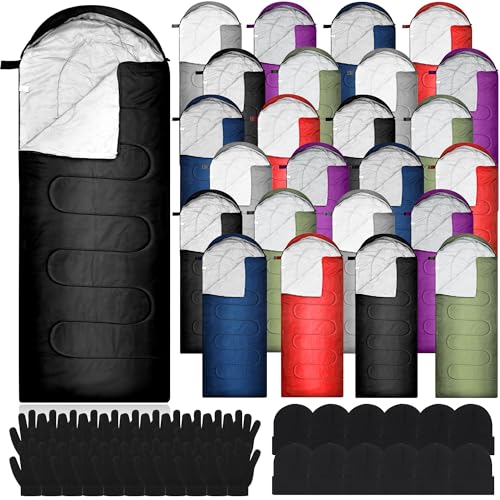 Preboun 72 Pcs Bulk Sleeping Bags Set for Adults Homeless 24 Sleep Bag 24 Beanies 24 Gloves 4 Season Cold Warm Weather Sleeping Bags Waterproof Lightweight for Outdoor Hiking Travel(Classic Color)