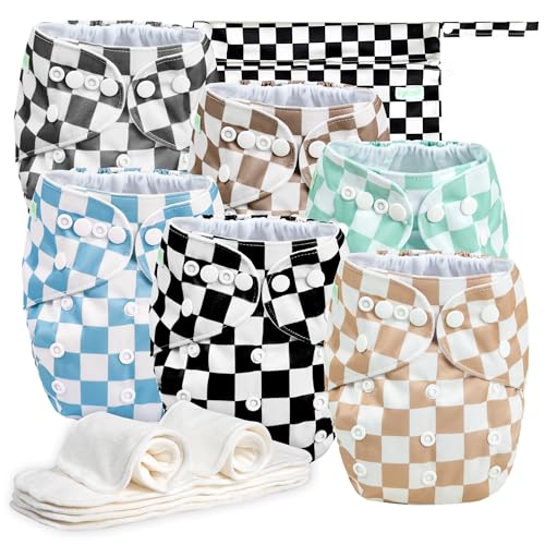 Image of wegreeco Cloth Diapers 6 Pack with 6 Inserts & 1 Wet Bag, Washable Cloth Diapers for Babies, One Size Adjustable Reusable (Checkerboard)