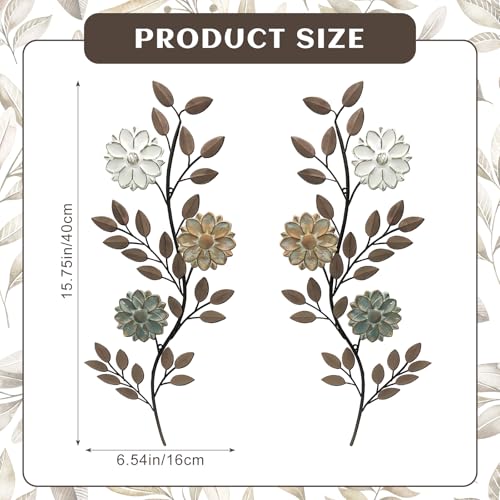 MorningRo 2 Pcs Metal Flower Leaves Wall Art Spring Wall Decor Living Room, 15.75 Inch Vintage Rustic Branch Leaf Wrought Iron Scroll Art Decor for Spring Bedroom Indoor Outdoor Decorations(Brown) - Image 3