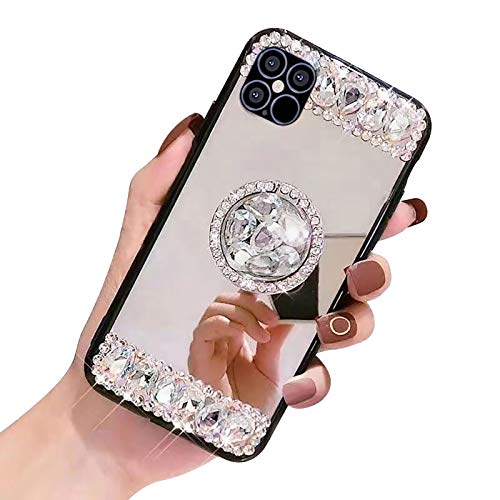 Shinyzone Bling Glitter Diamond Case for Samsung Galaxy S22 Ultra 5G,Women Girls Makeup Mirror Phone Case with Ring Holder Stand White,Sparkle 3D Handmade Rhinestone Flexible TPU Bumper Cover
