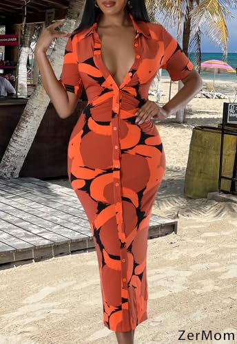 Image of ZERMOM Women's Button Down Shirt Dress Short Sleeve Print Collar V Neck Summer Bodycon Midi Dresses