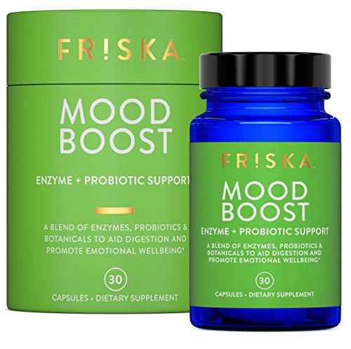 FRISKA Mood Boost | Digestive Enzyme and Probiotic Supplement with L.Theanine and Lemon Balm Extract | Stress Support | 30 Capsules