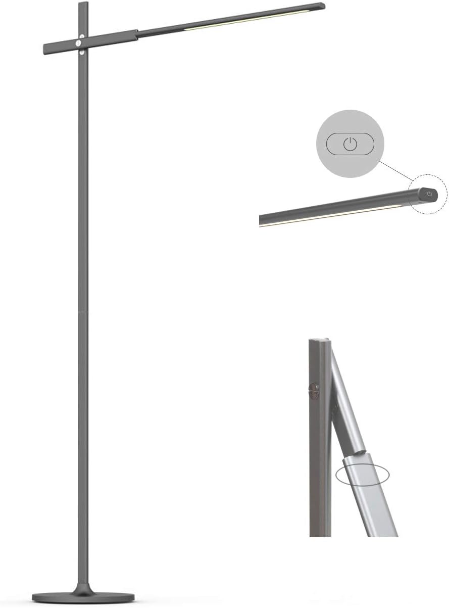 ACMHNC 12W LED Lampara Pie Salon Regulable, Moderna Luz de Piso Dormitorio Táctil Lámpara de Lectura Giratoria 250 °, Sin Parpadeo, Aluminio Lámpara de Estudio Protección Ocular 4000K,Gris