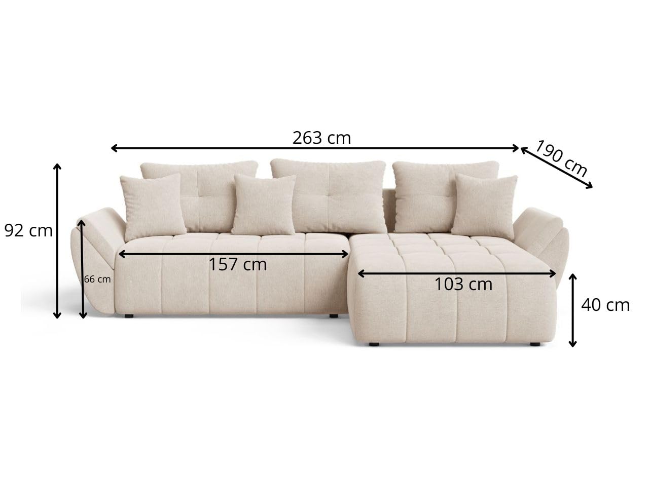 GRAINGOLD Decor L Ecksofa modern mit Bettfunktion, 263x190 cm, L-Form Sofa, Schlafcouch für Wohnzimmer, Veloursstoff, 3-Sitzer Eckcouch, Ecksofa mit Bettkasten (Beige)