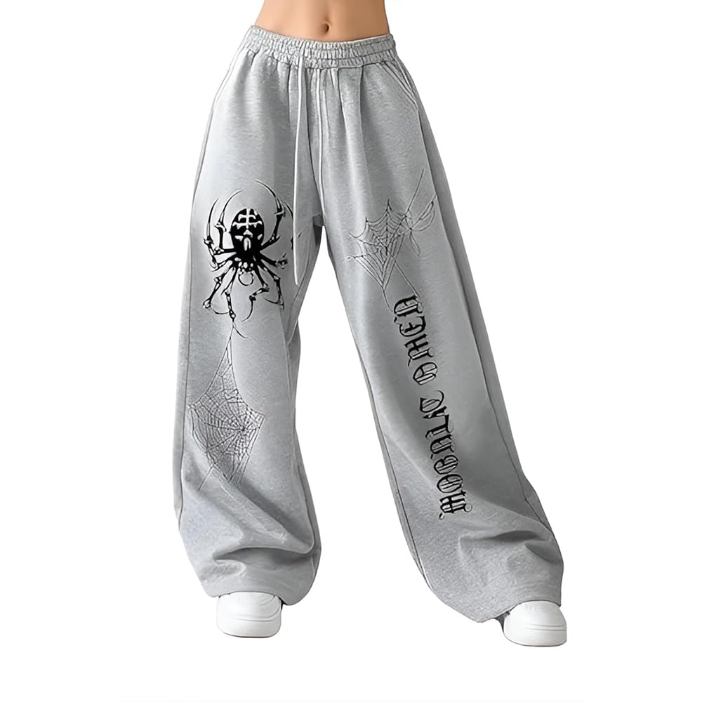 Gothic Spider Web Print Sweatpants, Grey, High Waist Baggy Fit, Elastic Drawstring Joggers, Streetwear Loungewear-image-22