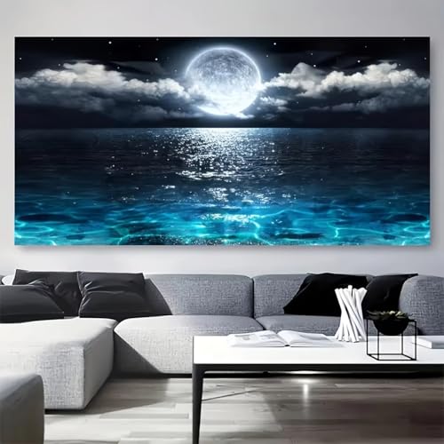 Toile océan clair de lune grand format déco salon moderne et chambre parentale