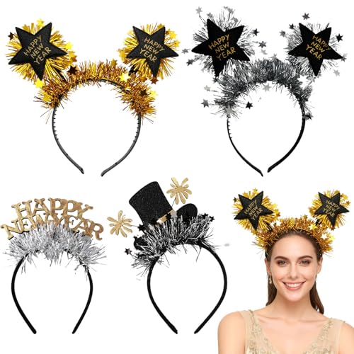 SEPWGUMD 4 Pezzi accessori festa Capodanno 2026 – fascia capelli chicchetti, Cerchietti Capodanno 2026 Set, Fasce per Capelli Party Accessori Festa Anno Nuovo Glitter Oro Argento Travestimenti e Foto