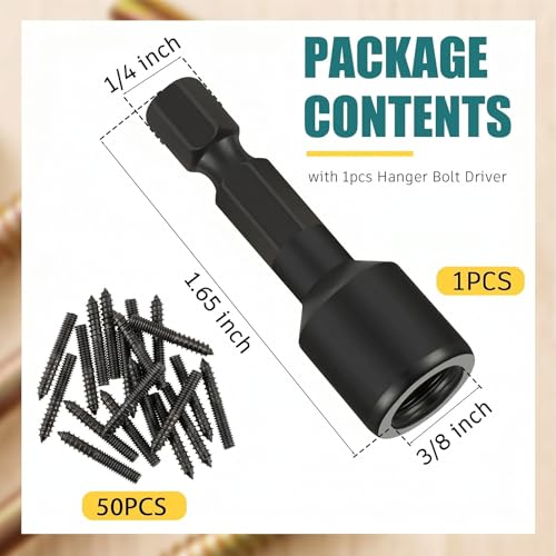 Image of Hicarer 50 Pack 3 /8-16 x 3 Inch Hanger Bolts Double Headed Bolts with Driver Self Tapping Screw Threaded Rod Screws for Furniture Double Headed for Wood Furniture Joint, Black