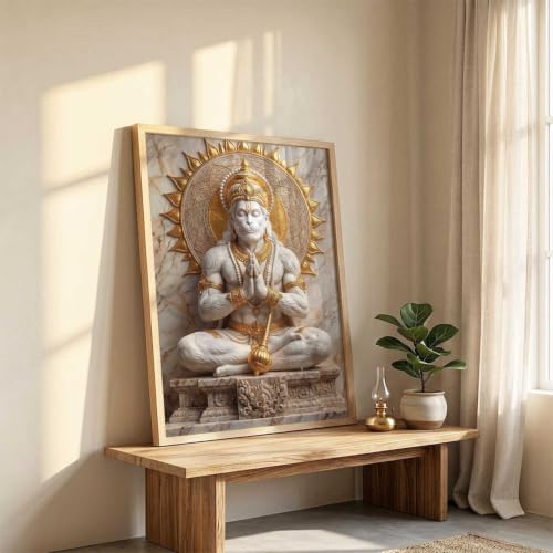 Image of CRAFTLYN Hindu God Wall Art WALL ART Prints Framed Spiritual Religious Paintings for Living Room, Pooja Room, Bedroom, Office, Meditation Room, Home Decor (Hanuman ji, 13X19, Brown)