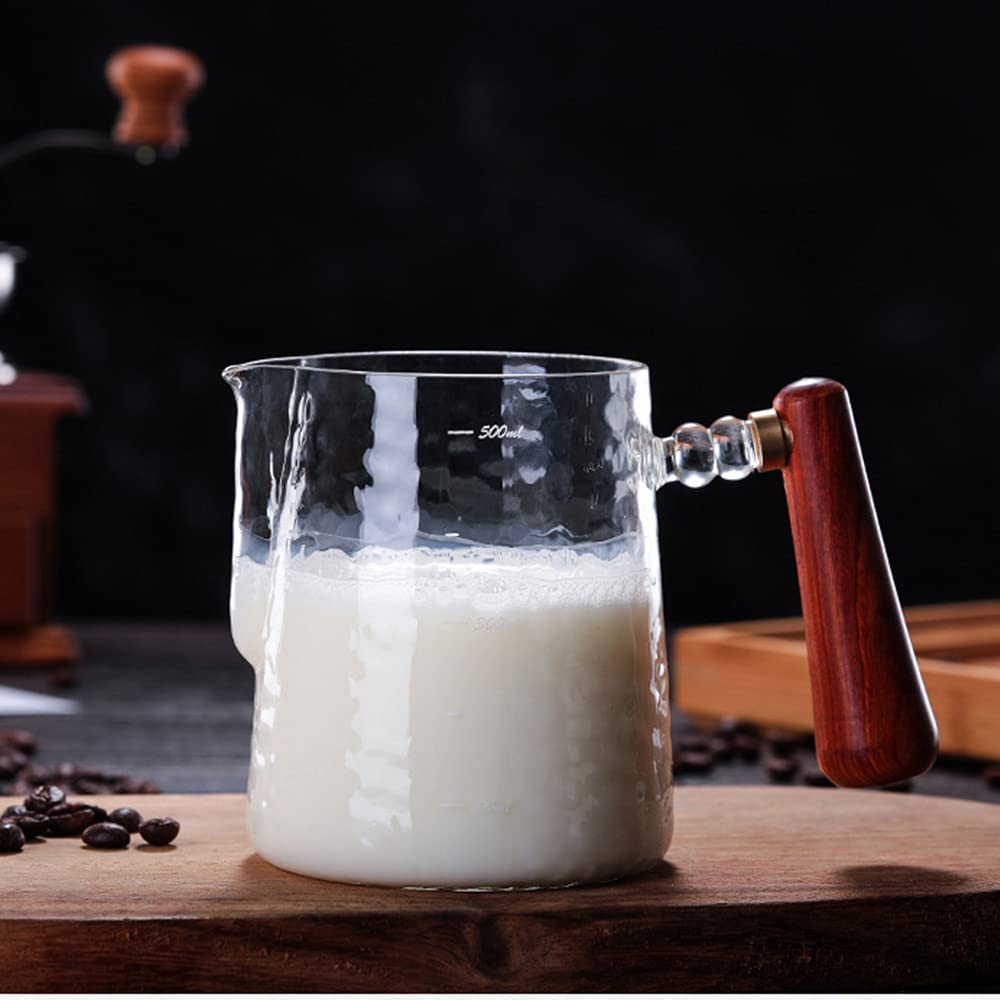 Thickened Hand Hammered Glass Creamer Pitcher with Wooden Handle 17Oz 500ML Coffee Milk Frothing Cup Clear Measuring Scale — view 4