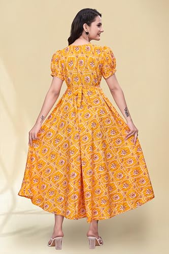 Image of Women's A-Line Crepe Maxi Dress | Stylish Fit and Flare Dress with Round Neck Short Puff Sleeves for Casual Wear