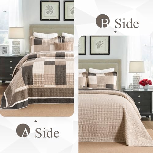 Image of 100% Cotton Oversized King Bedspread 120x120, Brown Oatmeal Plaid | Extra-Wide Coverage, Reversible 3-Piece Bedding Set, Fits Thick Mattresses, Lightweight All-Season Comfort, Modern Farmhouse